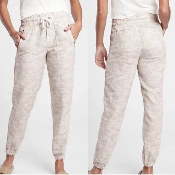 Athleta Cabo Tide Linen Jogger Pants Women’s 12 Natural Tan Lightweight Summer - Picture 2 of 10